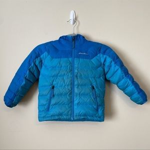 Eddie Bauer Down Puffer Jacket Kids XXS 3-4 Blue Hooded Outdoors Play Winter